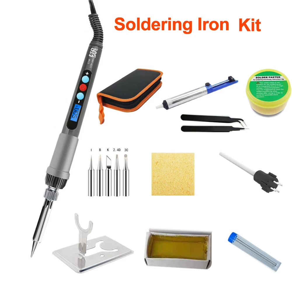 60W Soldering iron kit Adjustable Temperature LCD Solder Welding Tools Ceramic Heater soldering tips Tweezers soldering wire