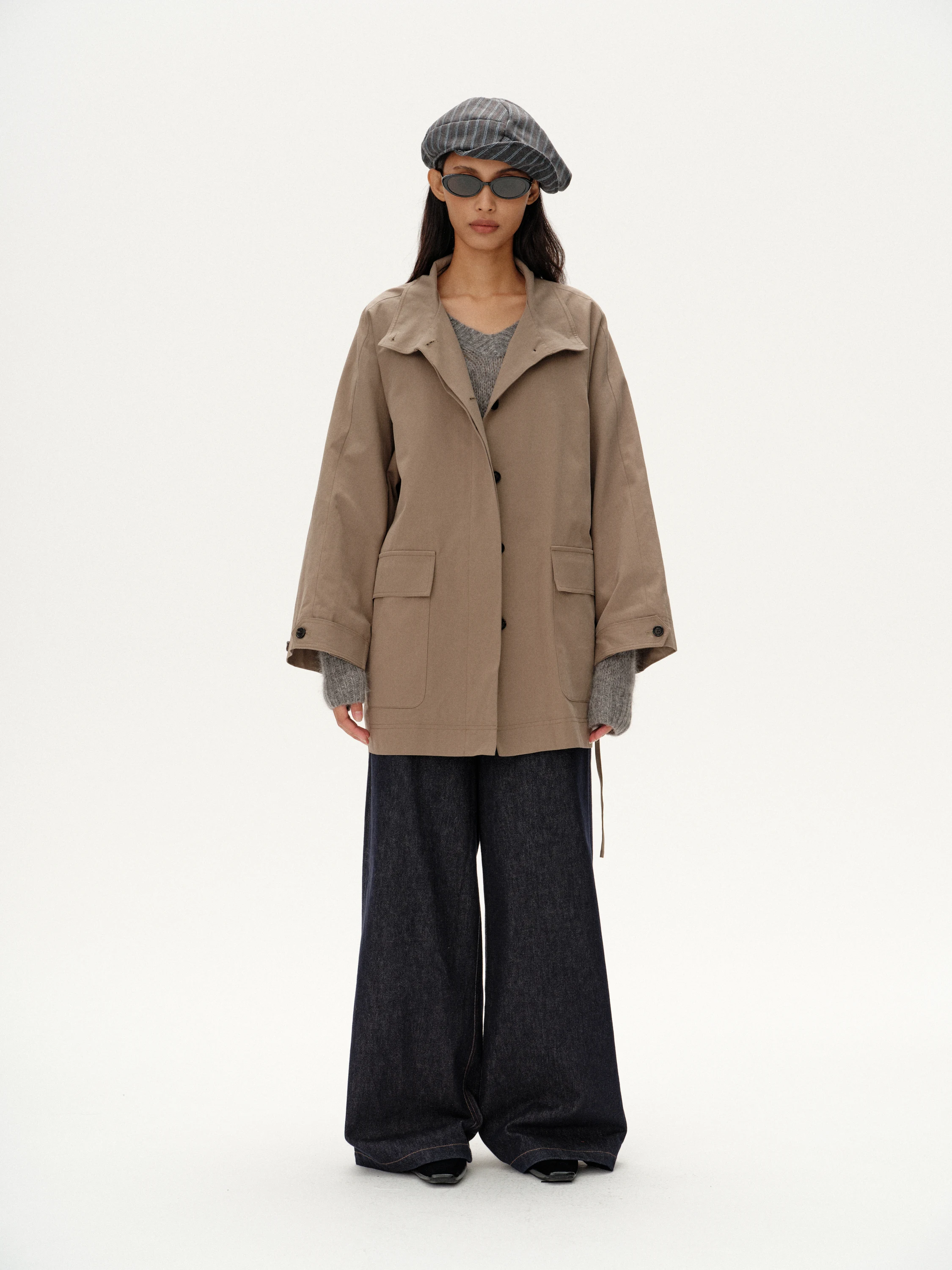 

i ort пальто с воротником-стойкой ape Верхняя одежда женская свободная посадка длинная свеч на одной пуговице однотонный хлопок весна осень