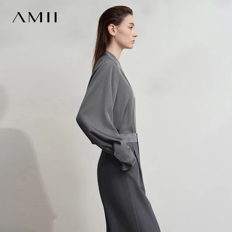 AMII 우아한 여성 블라우스 루즈 심플 V넥 여성 상의 블라우스 2025 가을 긴팔 셔츠 여성 의류 12543067