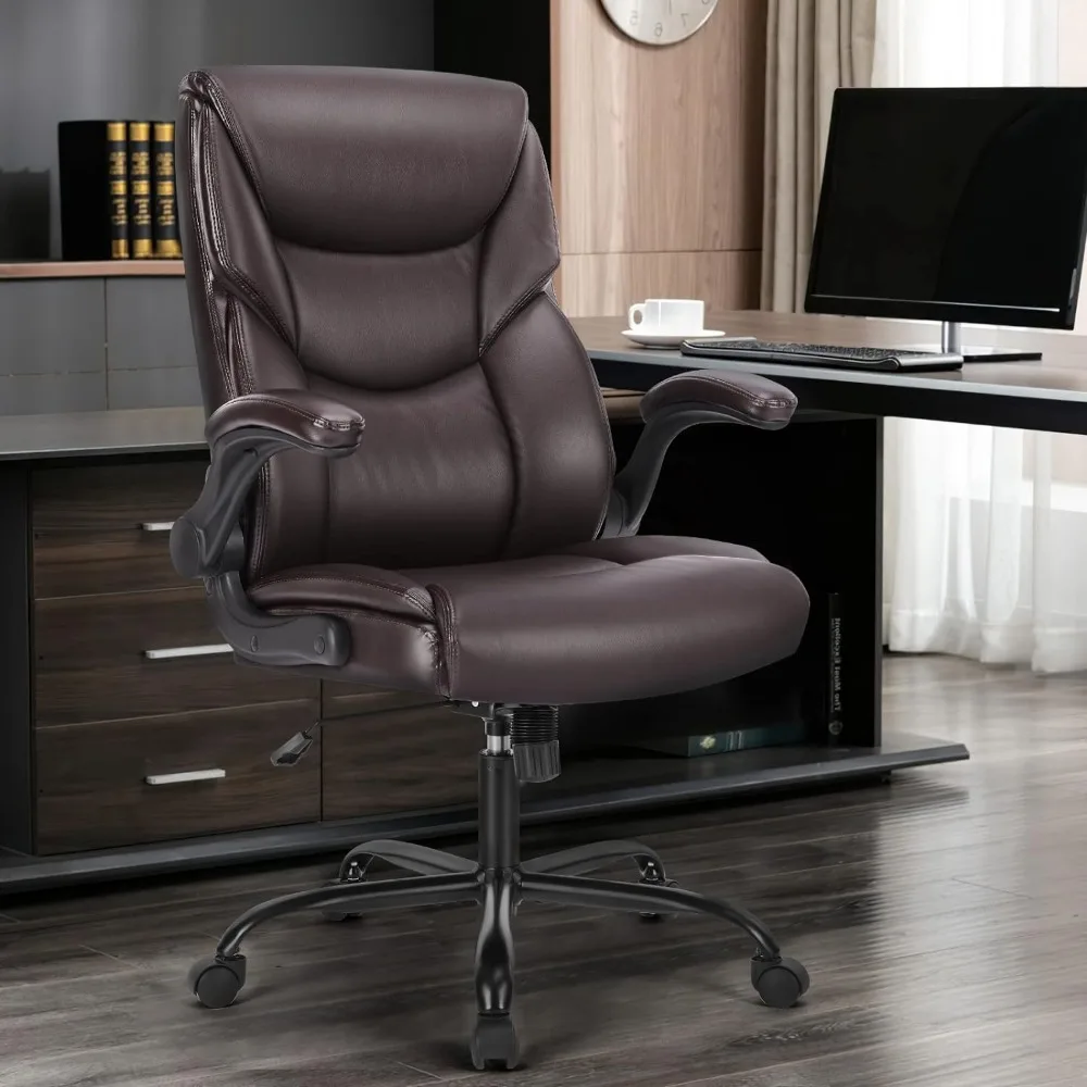 Silla de escritorio ejecutiva ergonómica de espalda alta, reposabrazos abatible de cuero PU móvil, muebles de respaldo de oficina marrón