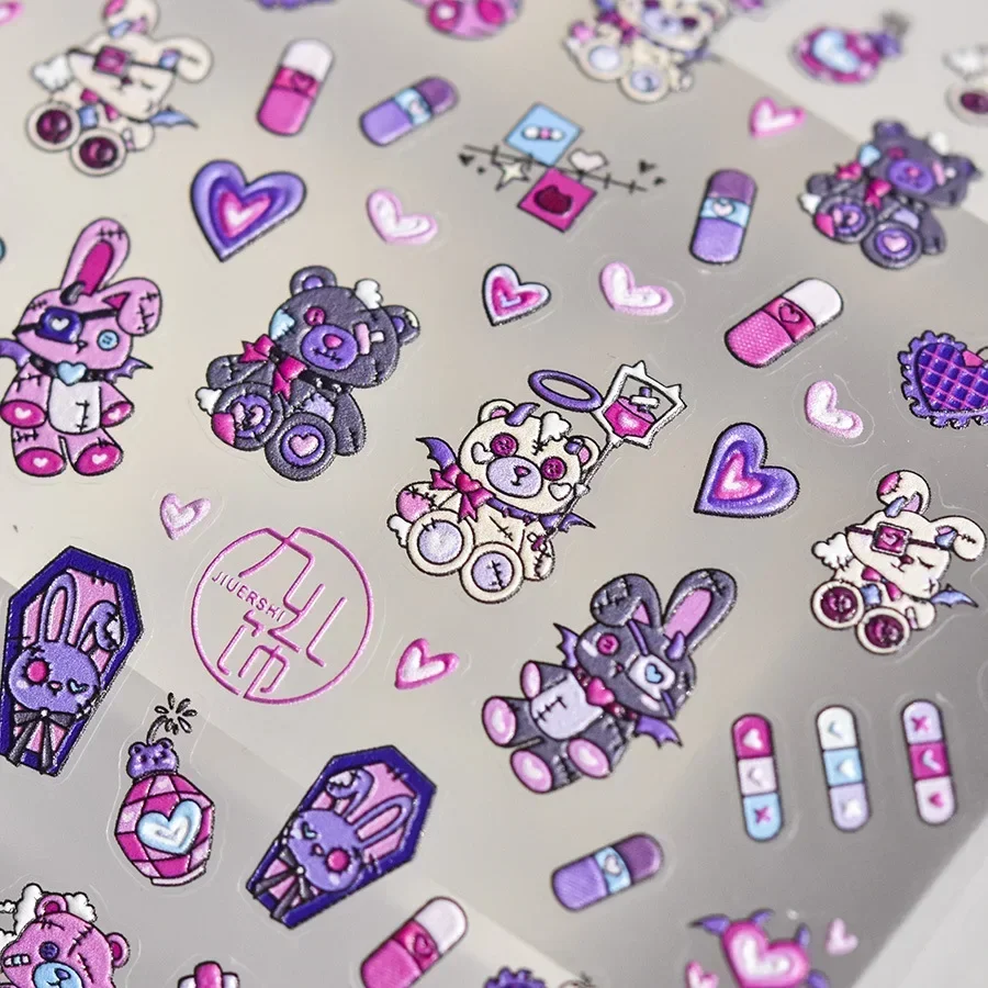 Darkness Blue Purple Bunny Bear Capsule Drug Wound Heart Rabbit Black Magic 3D Self Adhesive Nail Art Sticker 5D Manicure Decals