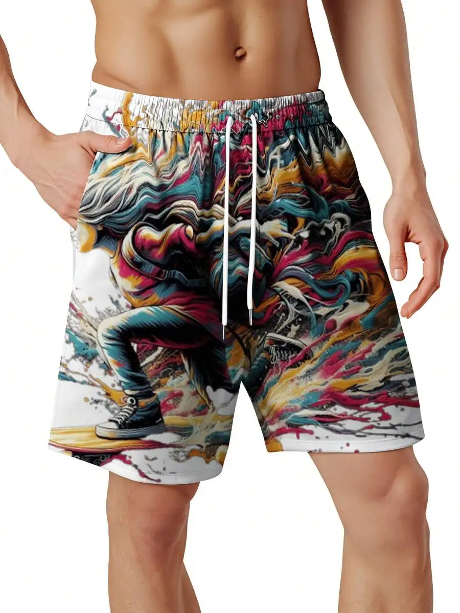

Mens Colorful Skateboard Art Print Swim Shorts With Drawstring Waistband Beach Board Shorts