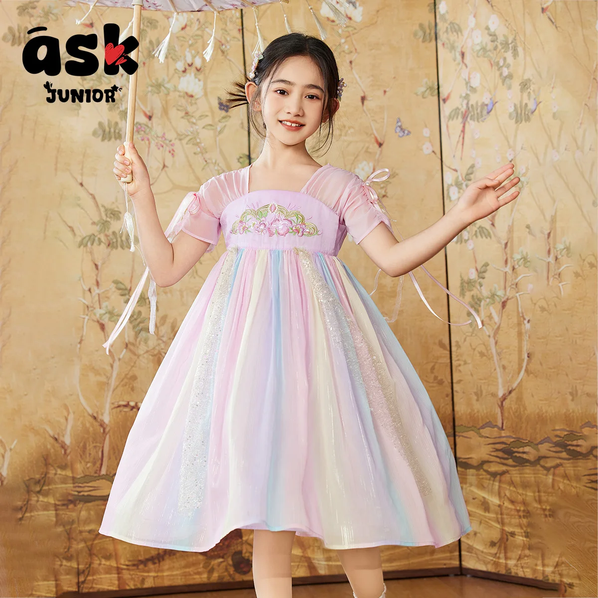 اسأل تنورة الفتيات الصغيرات الصيفية على الطراز الوطني فستان الأميرة الصيني الجديد للأطفال الملون من Hanfu المتوسطة وكبار السن #4