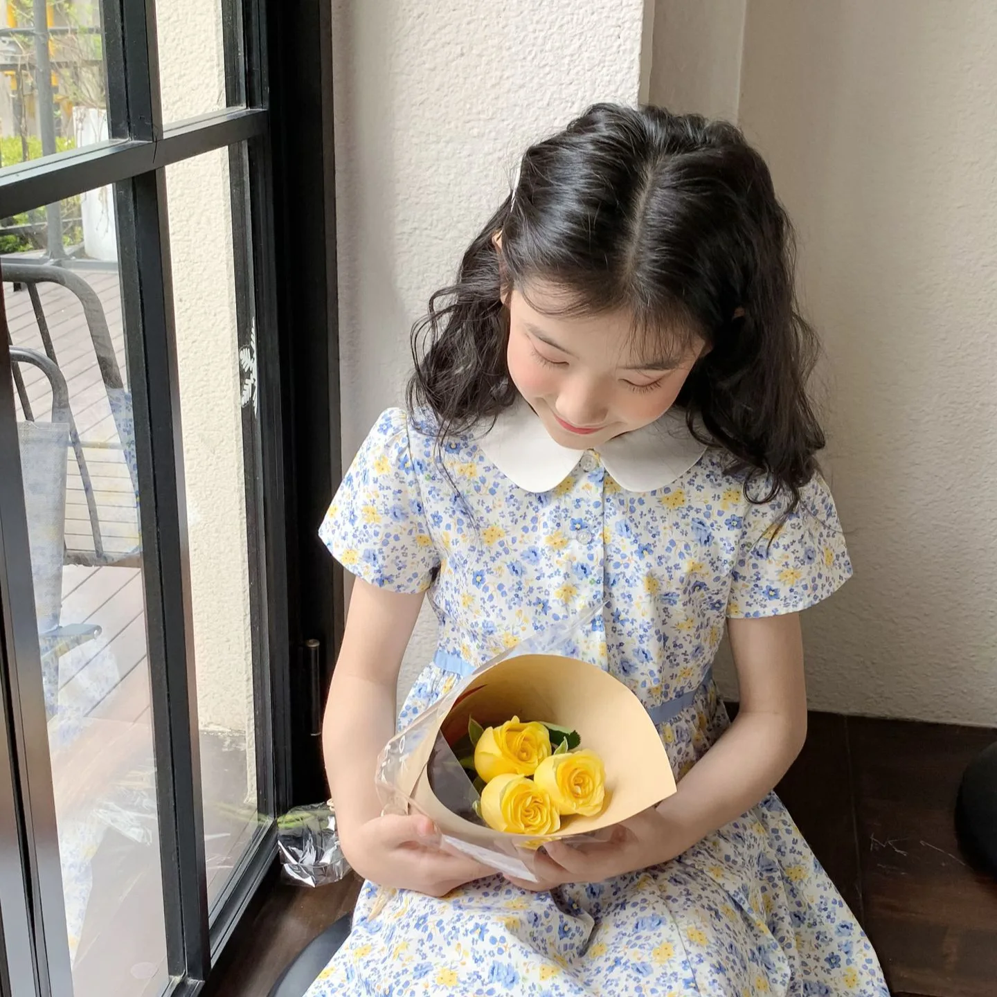 Girls' Dress  Summer New Japanese Blue Cute Sweet Children's Dress Cotton Korean Version Small Floral Doll Collar Princess Dress