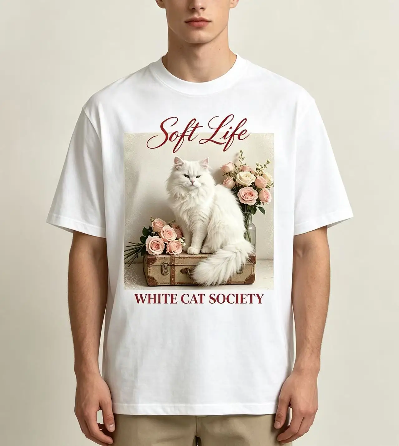 Unisex Soft Life White Cat Society Fluffy White Cat Pink Roses Vintage Suitcase Graphic T Shirt Men Women Aesthetic Animal Print Oversized Tee