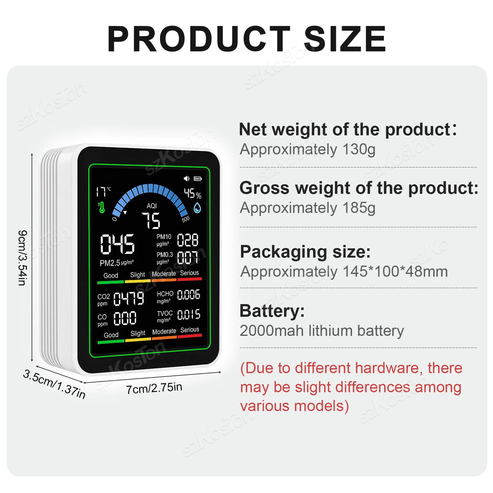 10 in 1 Air Quality Monitor PM2.5,CO₂,HCHO,TVOC,CO,Temperature and Humidity Multi-functional Air CO2 Sensor with Display Screen