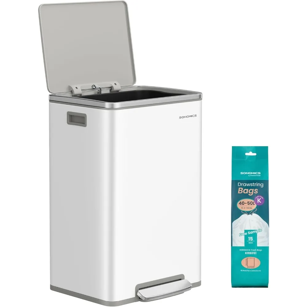 Trash Can, 13-Gallon Gabbage Can, with 15 Trash Bags, Steel, with Soft-Close Lid, Removable Inner Bucket, Handles, Clou
