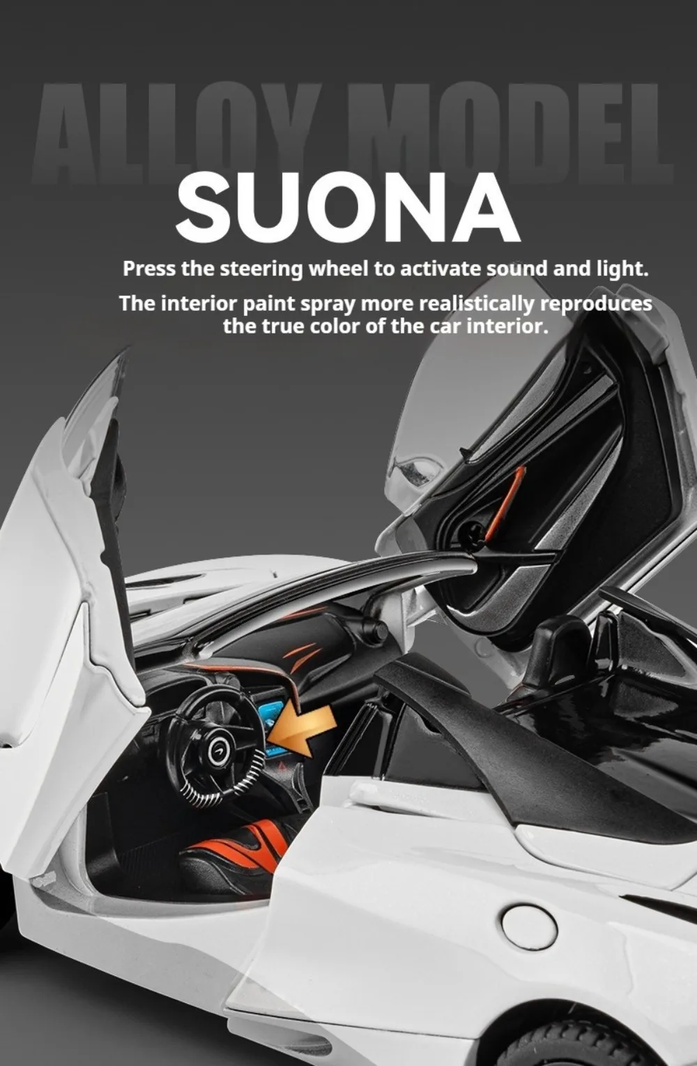 1:24 Senna GTR 720S Miniature Model Alloy Diecast Sports Car Toys Front Wheel Steering Sound Light Pull Back Boys Festival Gifts
