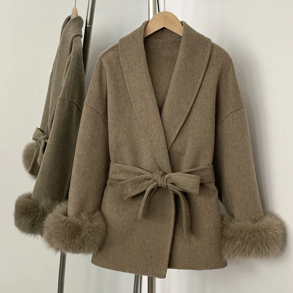 Reality Fur Coat Women Woolen Lady Overcoat Fox Fur Wool Coat Patchwork Wool Coat Mongolian Fur Women Wool Jacket Autumn Spring