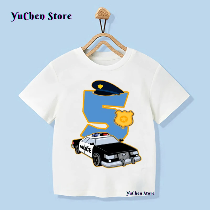 Policeman 1-9 Birthday Number Print T Shirt Children Police Car Birthday Boy T-shirts Boy&Girl Funny Gift Tshirt Present outfit