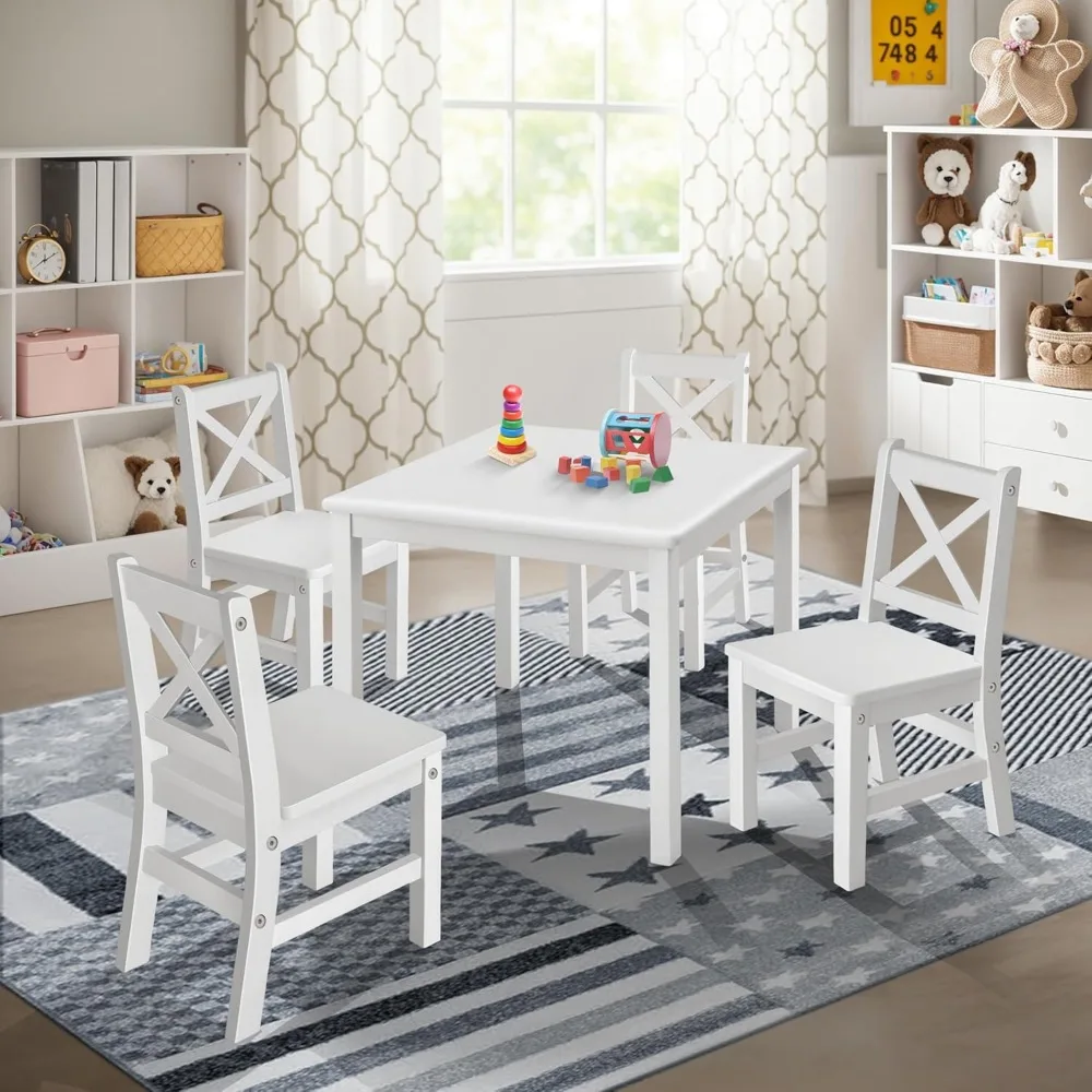 

Solid Hard Wood Kids Table and Chair Set (4 Chairs Included), White, 5 Piece Set