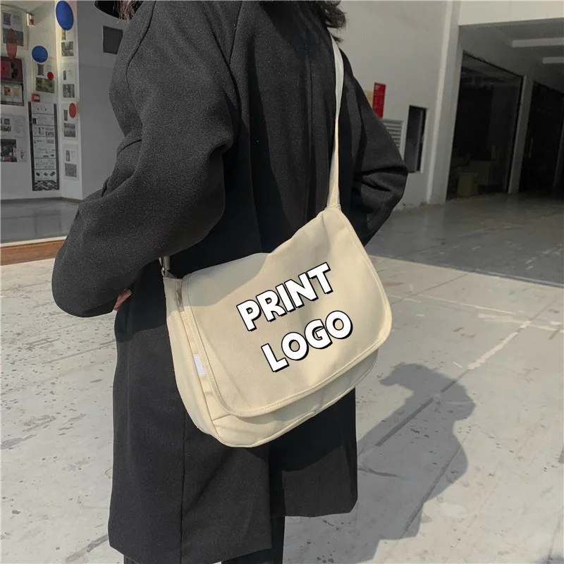 Customizable Logo Flap Canvas Crossbody Bag Women Vintage Casual Messenger Bag Adjustable Shoulder Sling Bag Custom Print Logo