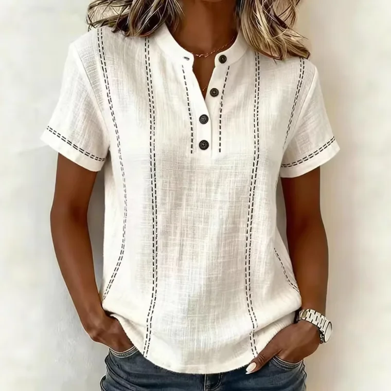 Elegant Women Blouse Shirt V Neck Button Patchwork Casual Short Sleeve Shirts For Women Summer Striped Loose Top Tee Women