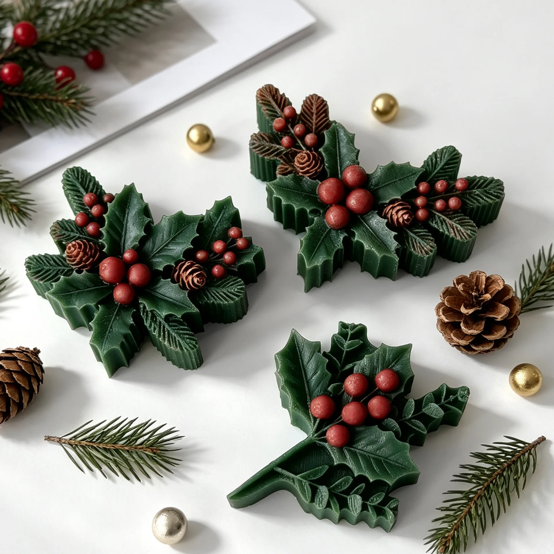 DIY Ilex chinensis Aroma Candle 7in1 Silicone Mold Christmas Holly Leaf Berry Resin Mould Homemade Biscuit Chocolate Candy Molds