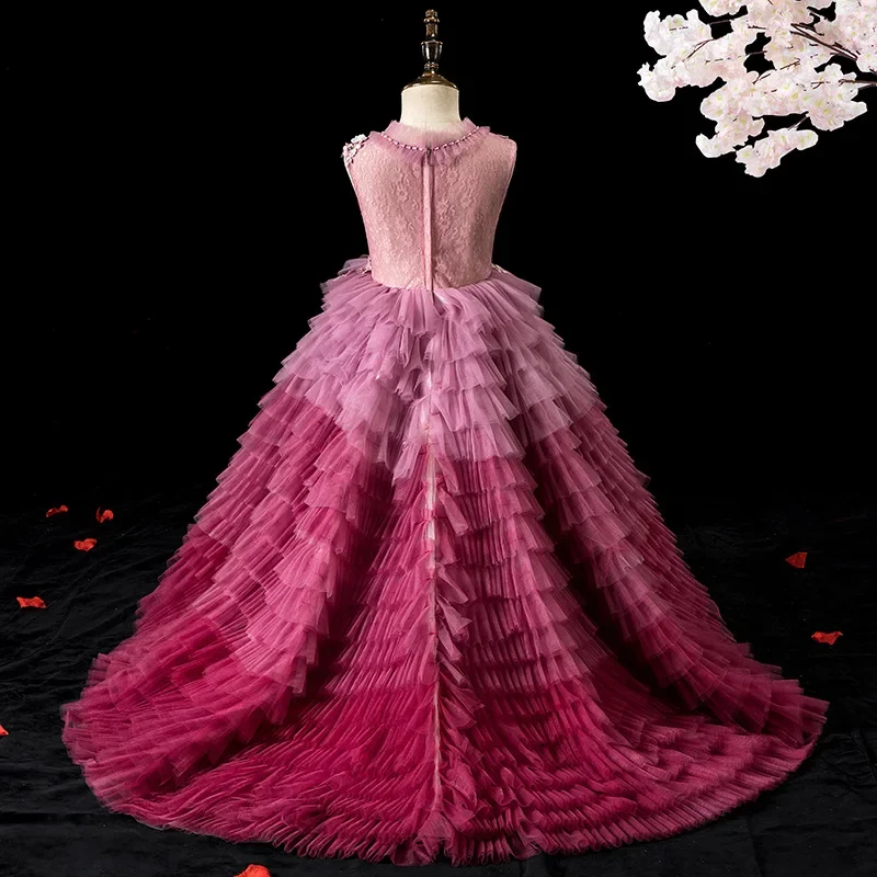 Girls Catwalk Beauty Pageant Pink Trailing Dress Children's First Communion Ball Vestidos Piano Performance Host Evening Dress