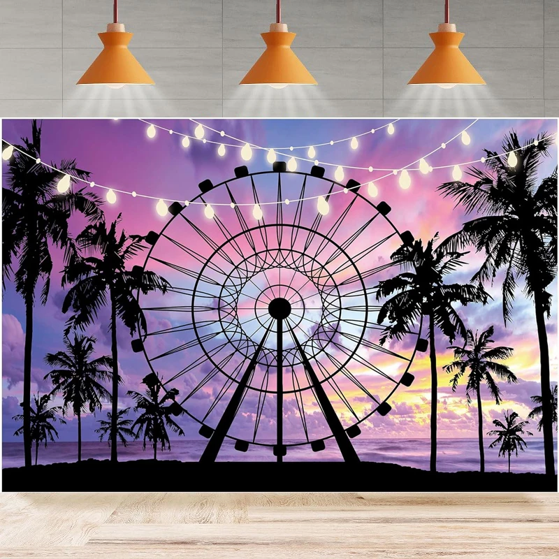 Summer Seaside Ferris Wheel Photography Backdrop Palm Tree Sunset Baby Shower Birthday Background Party Backdrop Wall Banner