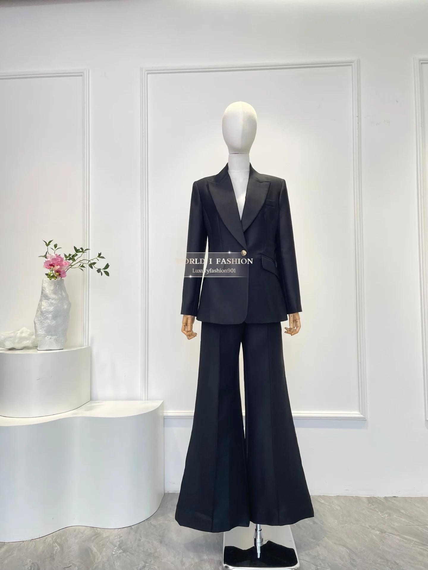 

Black Pink Long Sleeve Turn Down Collar Jacket Tops and Pants Set 2025 Ramie High Quality