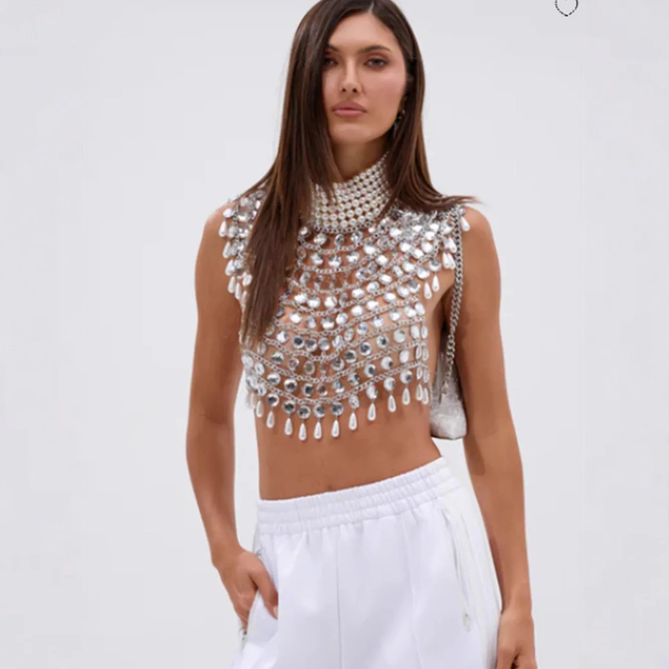 Woven Plastic Pearls Collar Halter Tops Bra Chain Hollow Out Rhinestone Body Jewelry Sexy Summer Party Camis Tops Breast Chain