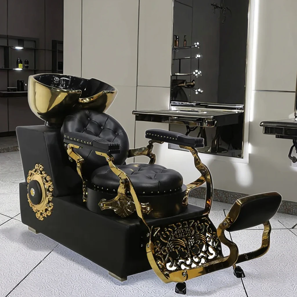 

Classics Black Gold Hair Salon Shampoo Chair Bed Luxury Reclining Hair Washing Station Chairs