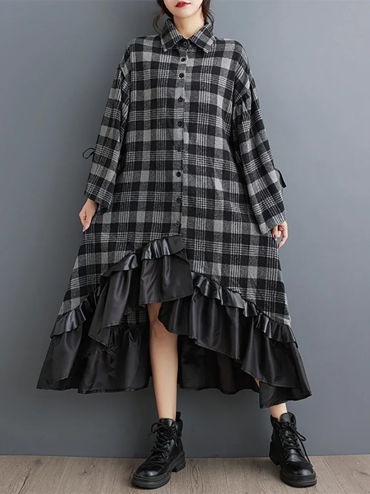 XITAO Plaid Flare Sleeve Asymmetrical Dress Single Breasted Turn-down Collar Patchwork Fashion Shirt Dresses 2024 Autumn LJ1010