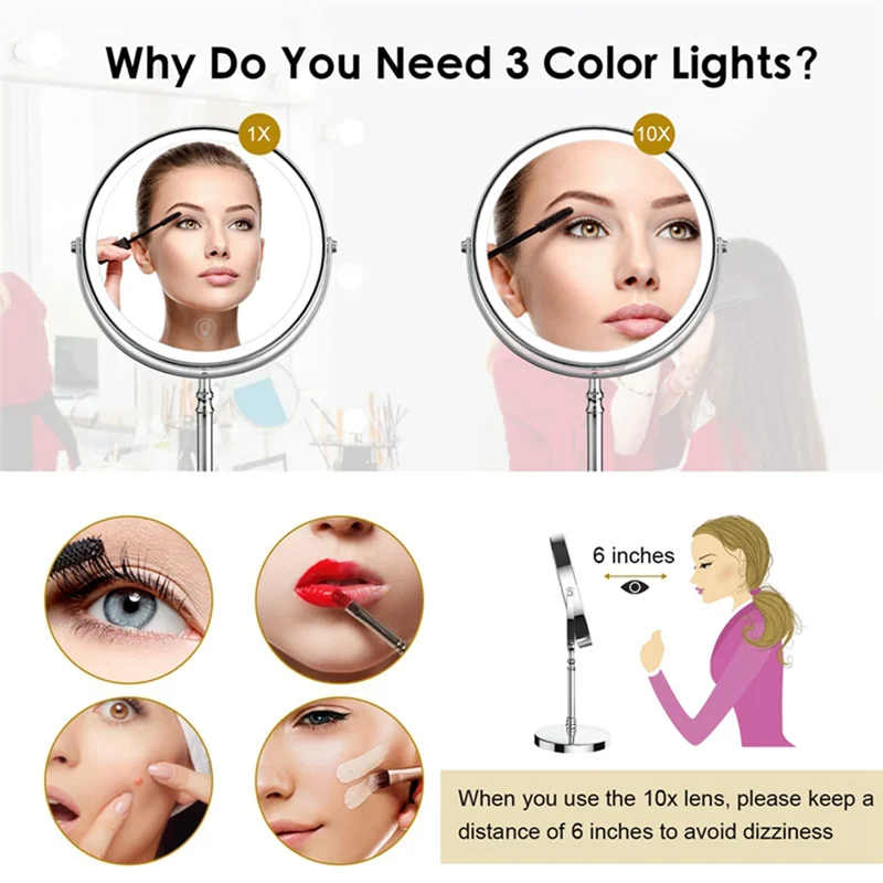 

B69C 1 комплект, 10X светодиодное зеркало, перезаряжаемое зеркало для макияжа, косметическое зеркало с увеличением, 2 стороны, регулируемое с 3 цветами A