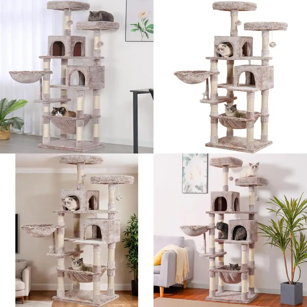 

Высокая кошачья башня (70 см) с плюшевой лежанкой, гамаком и сизалевыми столбиками для крупных кошек
