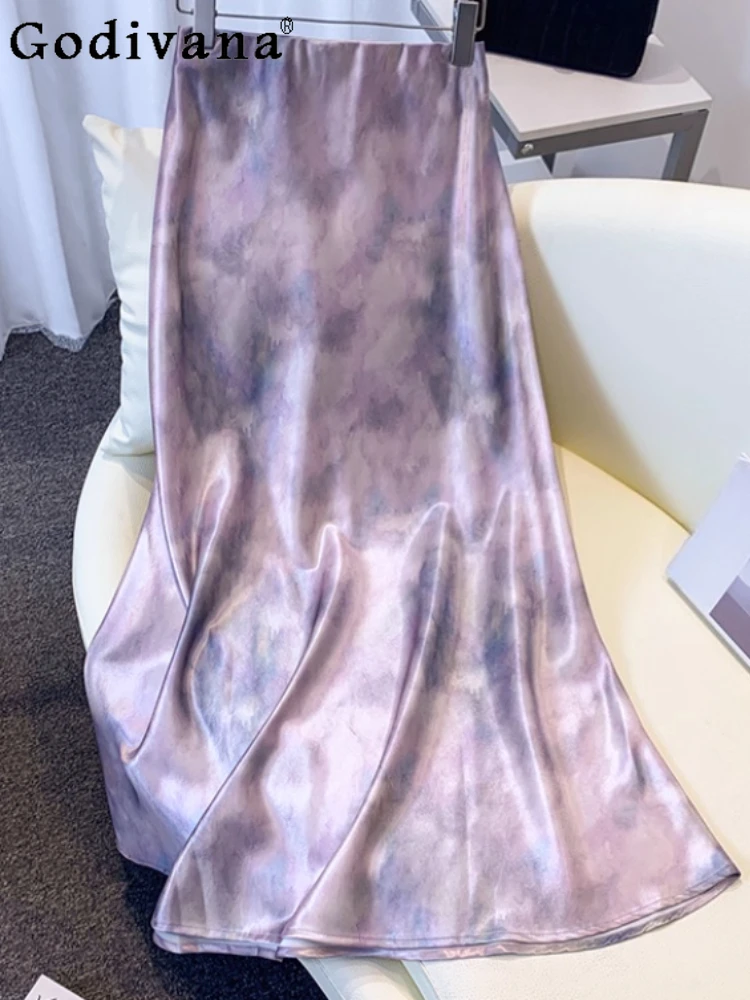 

Women Summer New Large-size Fashion Tie-dye Temperament Satin Skirt Versatile High-waisted Age-reducing Romantic Fishtail Skirts