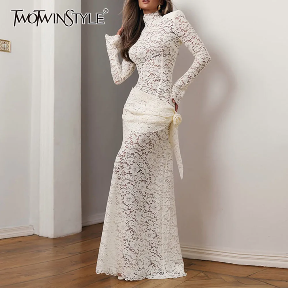 TWOTWINSTYLE Lace Spliced Ruched Slimming Dresses for Women High Collar Long Sleeve Patchwork Zipper Sheer Dresses Female Style