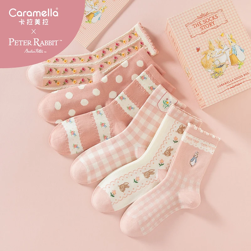 Caramella Cotton Socks for Women, Cartoon Socks for Girls, Art Story, Middle Tube, for Autumn Winter, 6 Pairs per Lot, 511796