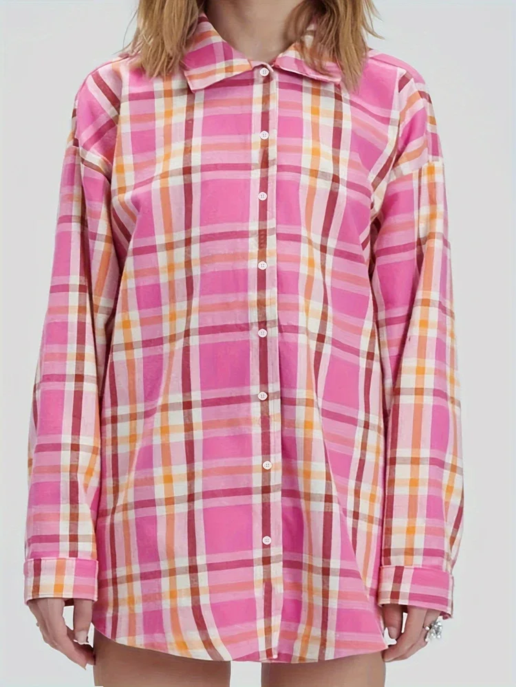 

Plus Size 2025 Spring Summer New Women's Plaid Shirt Single Row Button Pink Casual Commuter Spring Summer Best