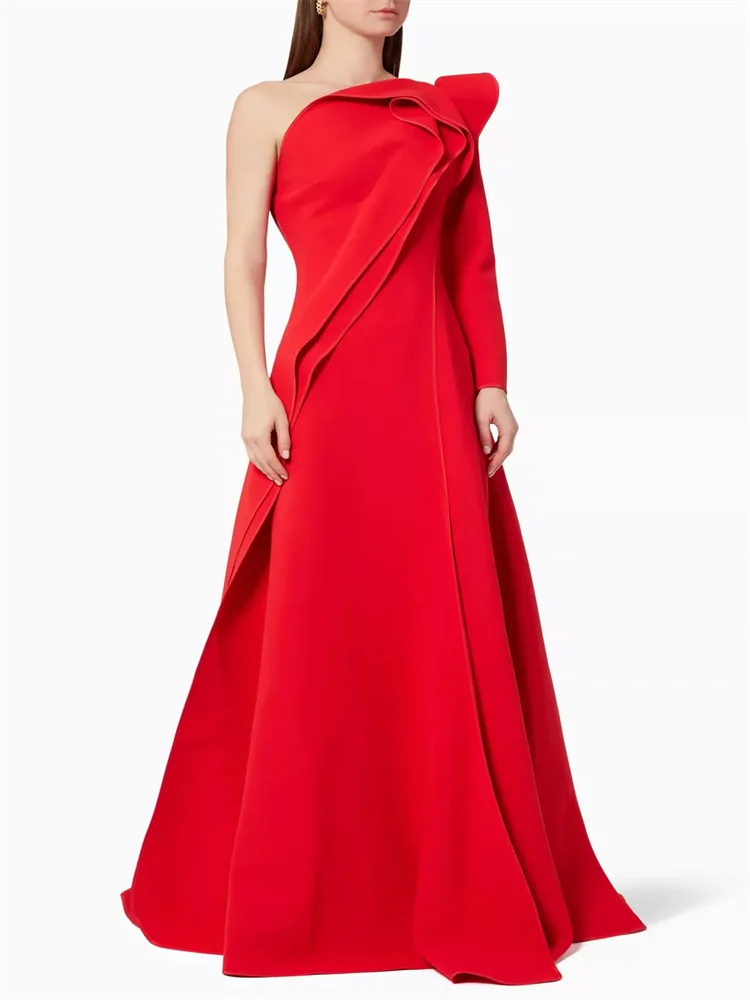 New Product One Shoulder Neckline Ruffle Detail A-Line Evening Dress Sexy Back Zipper Sweep Train High Slit Gowns For Women 2024