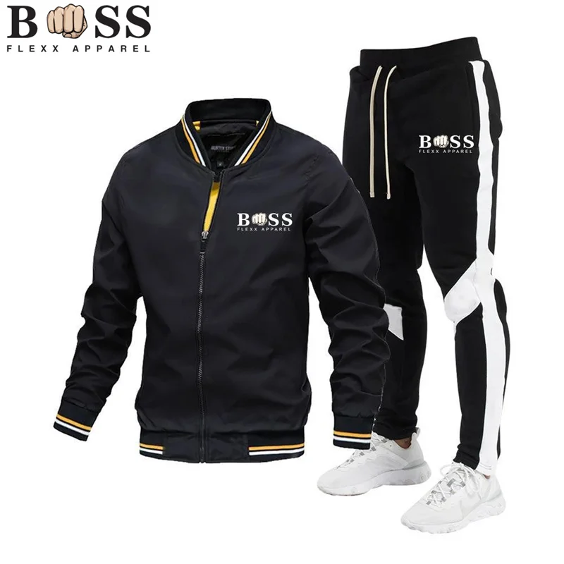 BSS FLEX APPAREL-Conjunto de chaqueta informal de alta calidad para hombre, pantalones empalmados, chaqueta a prueba de viento con cuello levantado