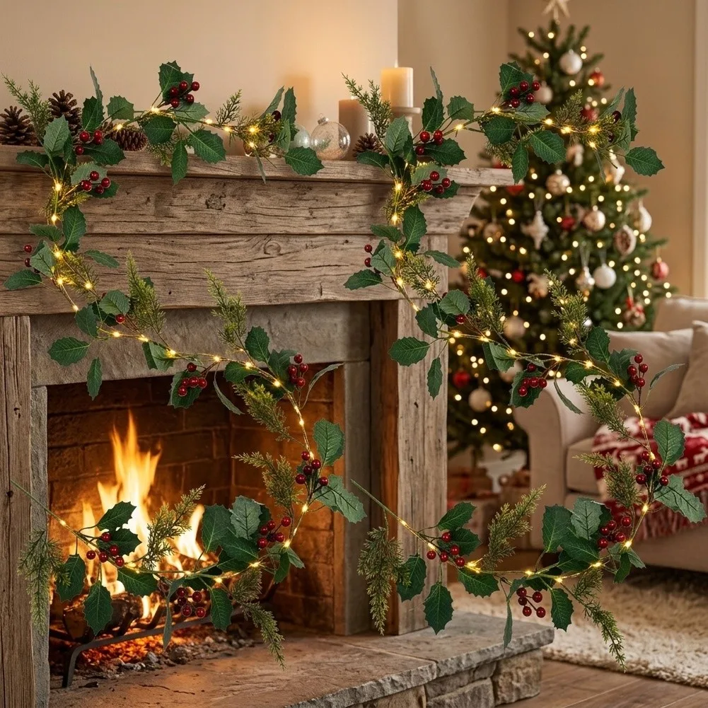 2Pcs 175cm Artificial Christmas Garland With Holly Berries Pine Sprigs Flexible Wire Vine For Home Party Holiday Decoration