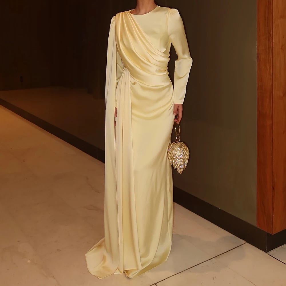 

Вечерние платья трапециевидной формы по индивидуальному заказу, длиной до пола, с круглым вырезом и длинными рукавами, платье для выпускного вечера Fsahion, со складками, простое драпированное повседневное вечернее платье с палантином