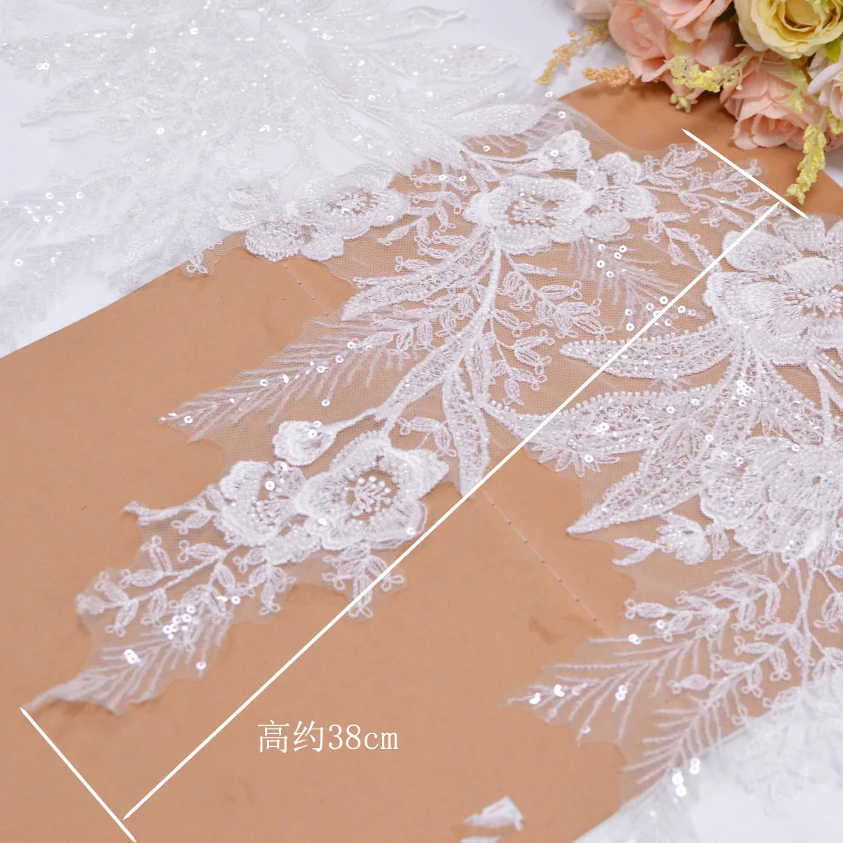 38CM Wide Ivory Beaded Lace Trim Sewing on Embroidery Wedding Lace Trimming 1 Yard