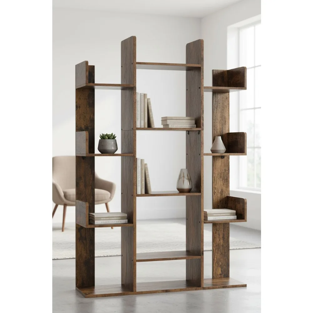 

Tree-Shaped Bookshelf with 13 Storage Shelves, Rustic Brown Design for Living Room & Office