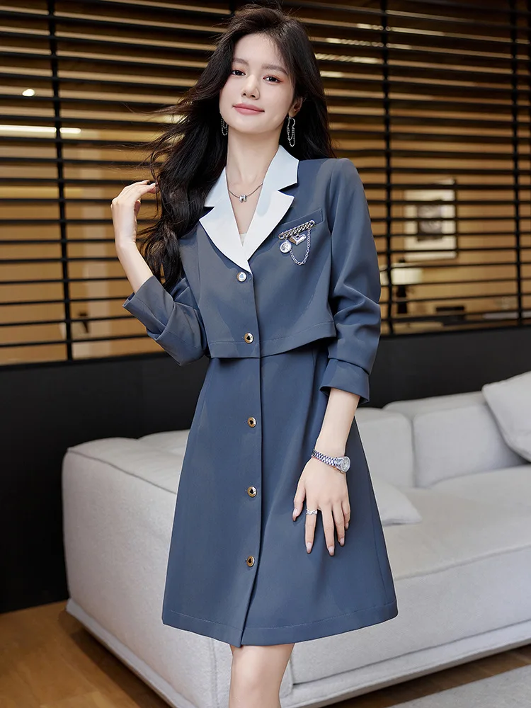 2024College Style Fake Two Pieces Dress women's New Spring High-Grade Small Waist Slimming French Style Dress