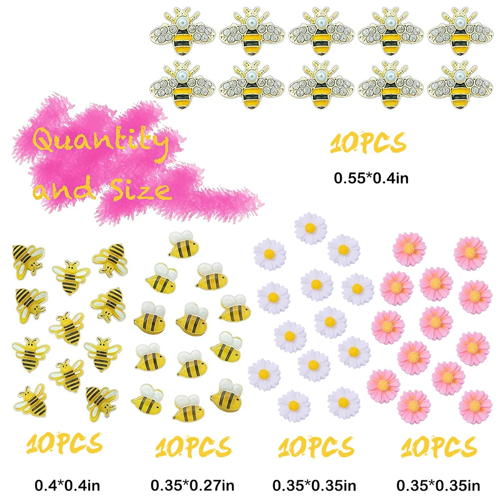 50個ミックス小さな蜂ネイルアートチャーム樹脂漫画デイジーフラワーネイルジェム3Dゴールド合金蜂デイジーひまわりラインストーンDIY