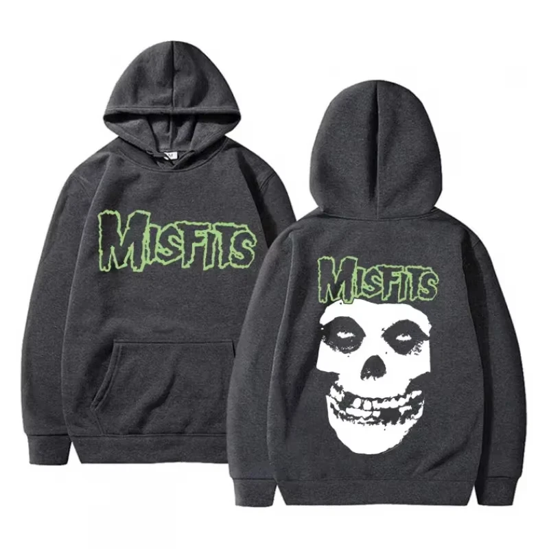 2026 Horror Punk Misfits Skull Graphic Print Hoodie Men Gothic Vintage Loose Fleece Cotton Hooded Sweatshirt Rock Style Pullover