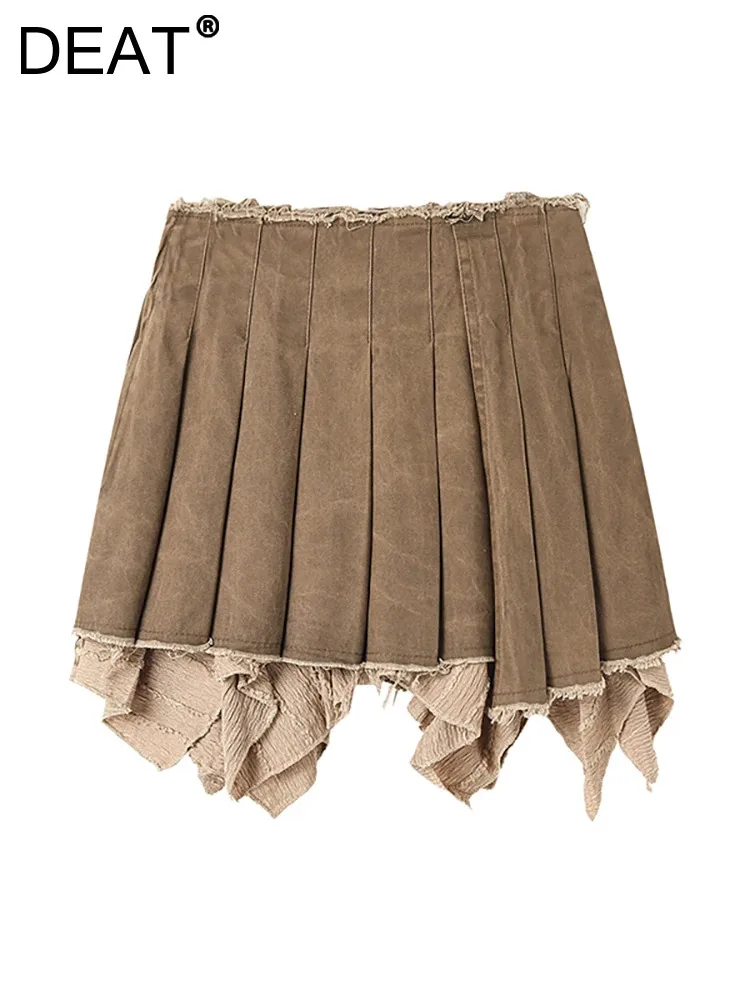 

DEAT Women's Denim Skirt High Waist Folds Pleated Irregular Burrs Edge Short A-line Mini Skirt 2024 Summer New Fashion 29L7943