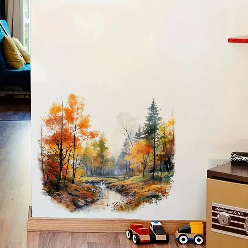 Forest in Autumn Wall Decal - Dreamy Watercolor Woodland Pathway Home Decor - Self-Adhesive Wall Sticker for Bedroom, Hallway