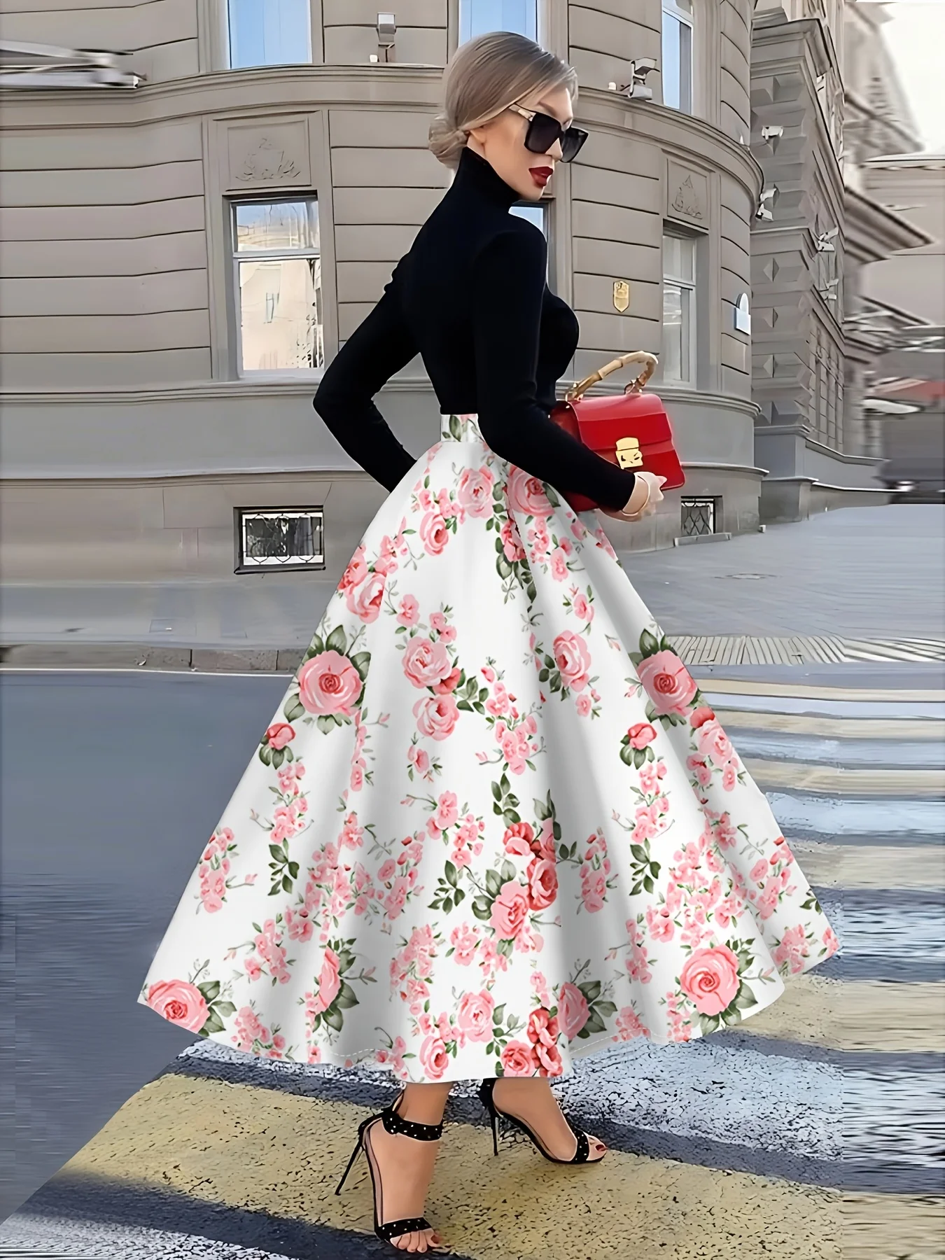 Printed Design Spring and Summer collection Pink Roses On White Background vacation style women's half skirt