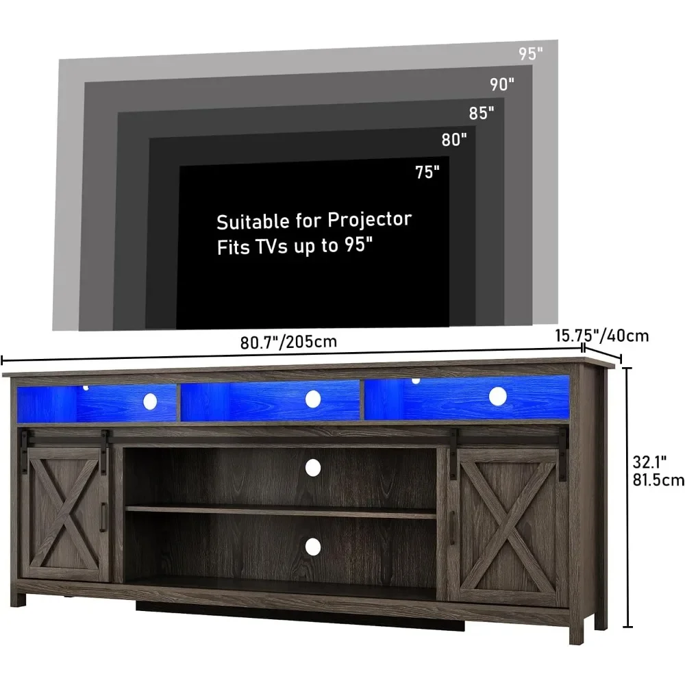 ตู้วางทีวี LED สไตล์ฟาร์มเฮาส์ ขนาด 80 นิ้ว สำหรับทีวีขนาด 90/85/80 นิ้ว, ตู้เก็บของสำหรับศูนย์รวมความบันเทิงทรงสูง พร้อมเต้ารับไฟฟ้าและบานเลื่อนแบบโรงนา
