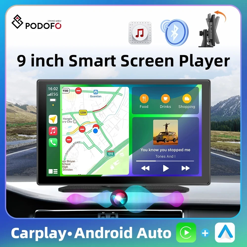 Podofo 9'' Car Monitor Carplay Android Auto Dashboard Bluetooth AirPlay Mirror Cast AI Voice Dash Cam AUX Smart Screen Player