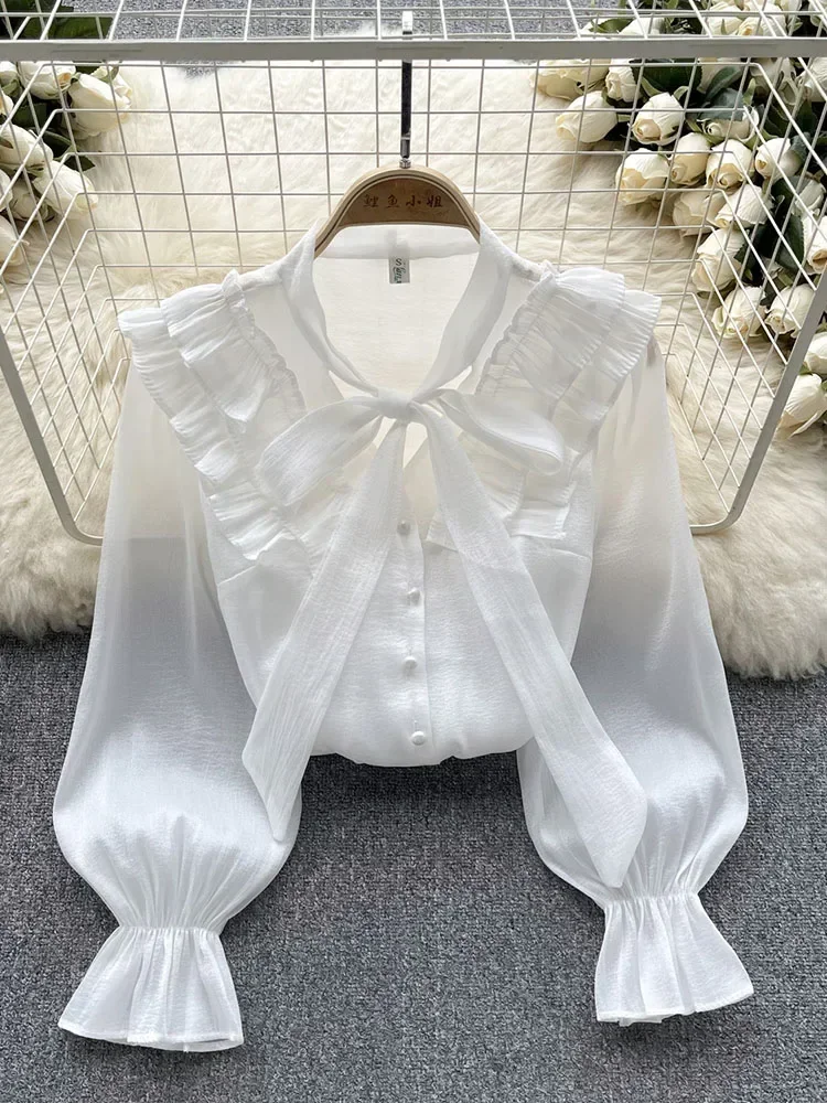 Women Spring Autumn Shirt Design Feel Pleated Ruffle Lace Up Bow Neck for Age Reducing Versatile Long Sleeved Top Shirt D5351