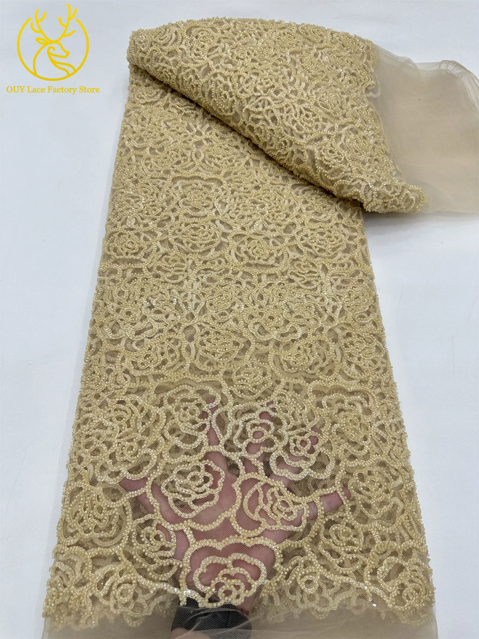 Stickerei-Blumen Perlen-Pailletten Spitzenstoff Französischer Tüll Netz-Stickerei Nigerianischer Spitzenstoff Brautkleid-Stoff – Detail 9