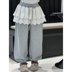 Baby Girls Pants Lace Loose Casual Sweet Cuffed Pants 2024 Autumn New Korean Style Childrens Sweatpants