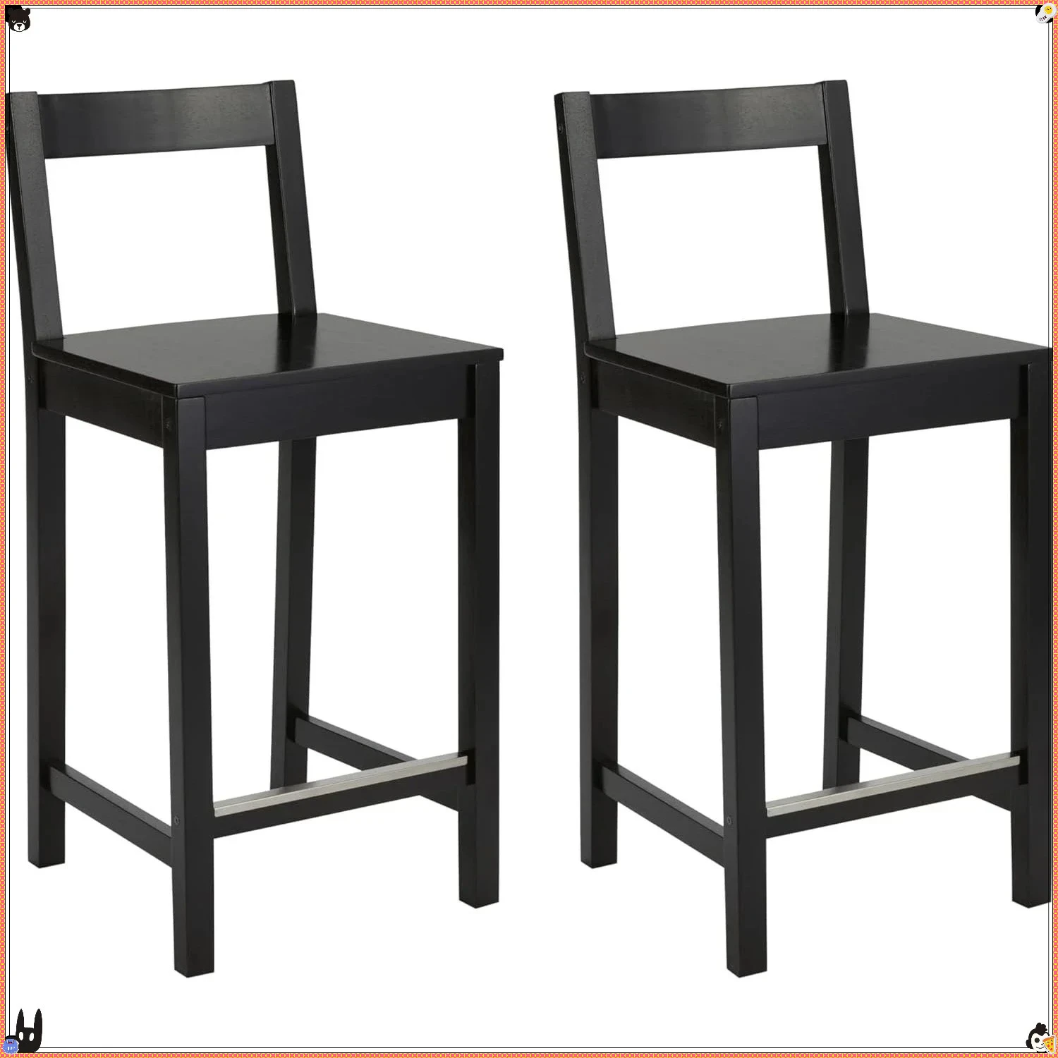 2-Pack Black Bar Stools 24in, Commercial-Grade Wood Stools with Back for Home & Cafe Use