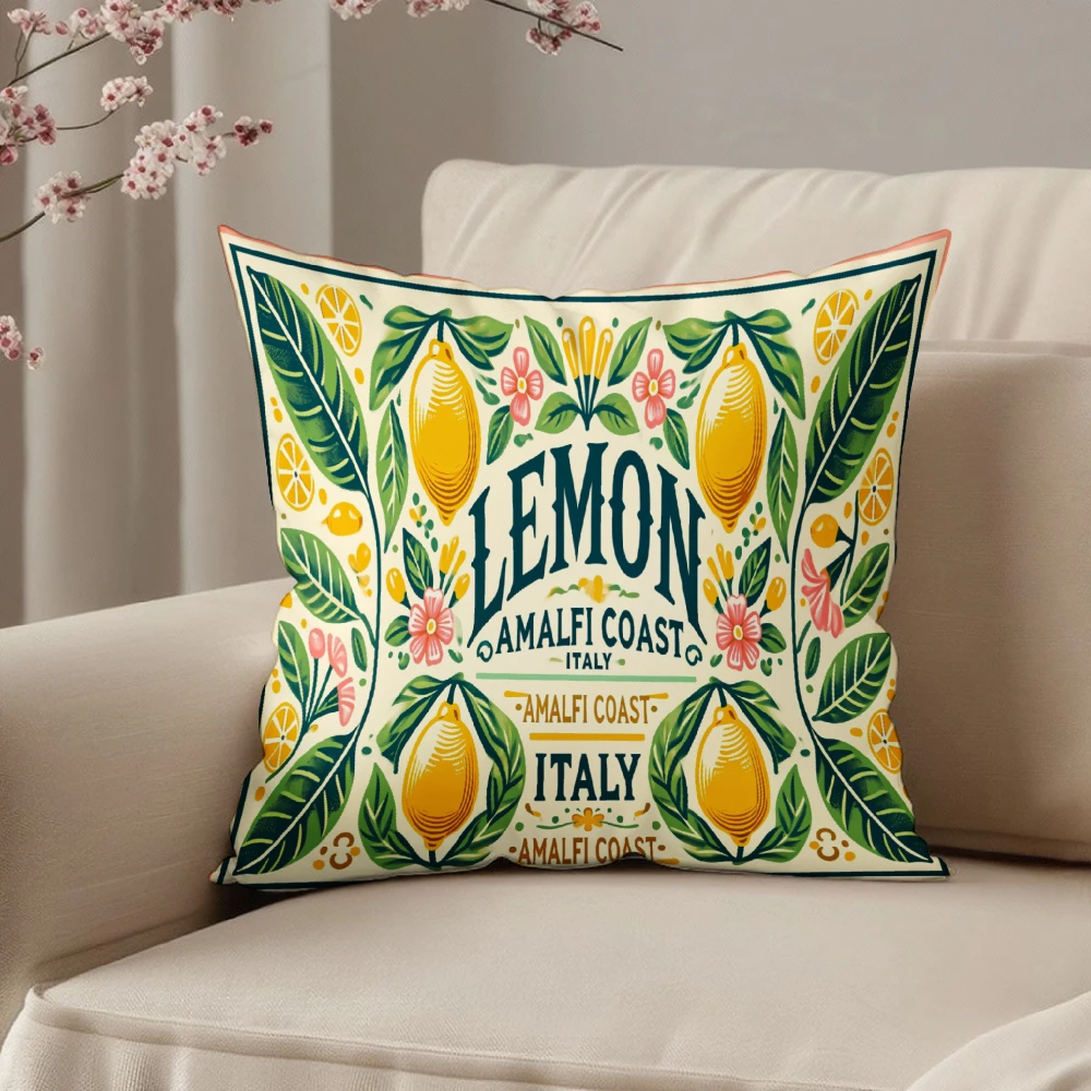 Square Throw Pillow Cover Yellow Green Lemon Amalfi Coast Italy Print Decorative Cushion Case For Sofa Living Room Bedroom Home
