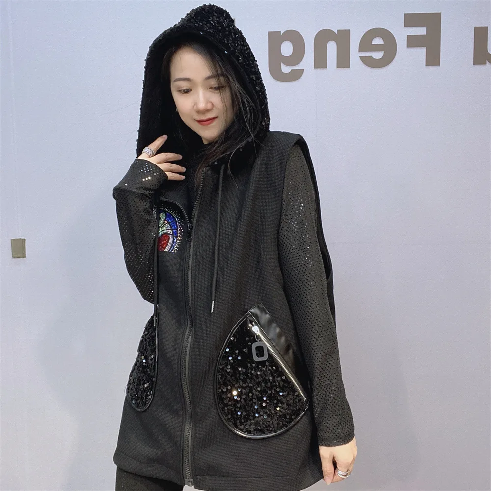 Fashion Sequins Loose Hooded Cartoon Hot Diamond Vest Women 2024 Fall Winter New Fashion Chic High-end Mid Length Black Vest